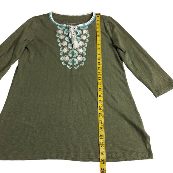 Talbots Top Womens XS Green Embroidered Tunic Split Neck 3/4 Sleeve Tassel Boho - Picture 8 of 11
